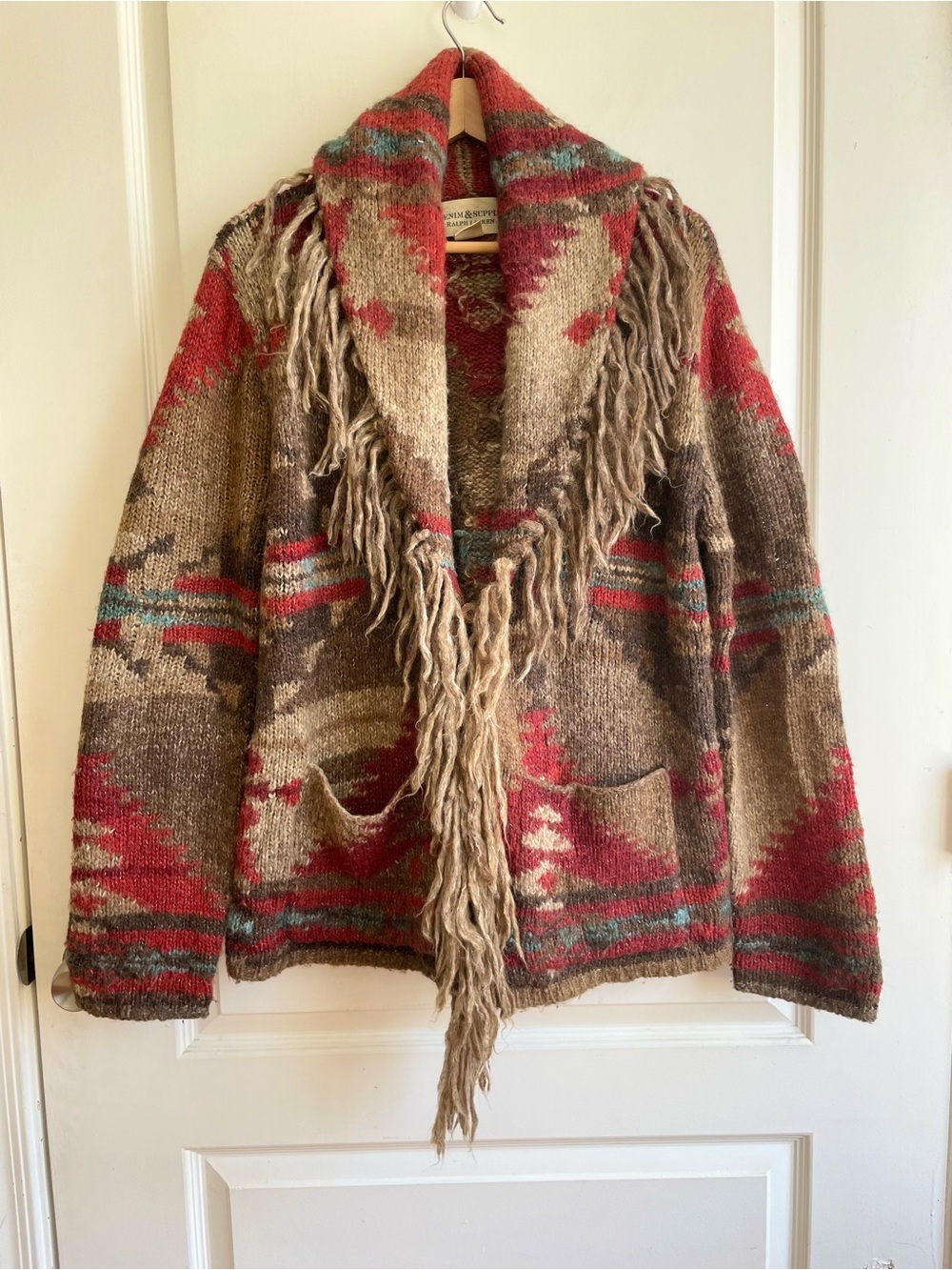 RALPH LAUREN Fringe Aztec Southwest Tribal Cardigan Sweater Alpaca Wool M West